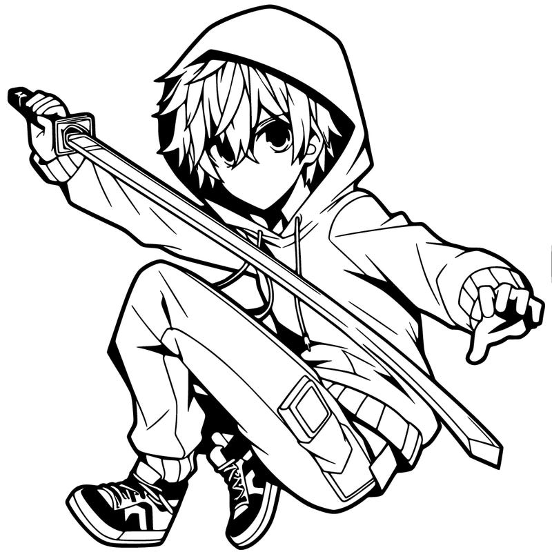 an anime boy with a hoodie and shaggy hair holding a sword in a mid air pose