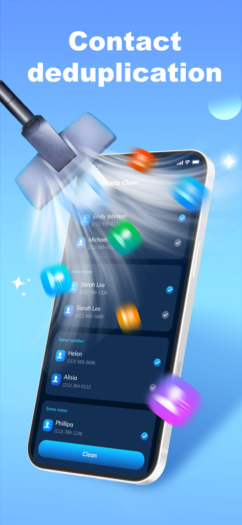 Daily Cleaner - Daily Cleaner app interface showing the contact deduplication feature for removing duplicate phone contacts.