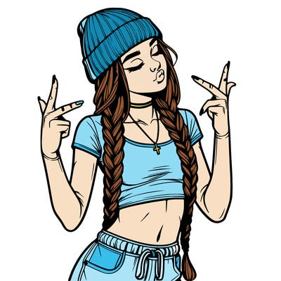 realistic teenage girl with braids and a beanie and crop top doing 🫶🏼