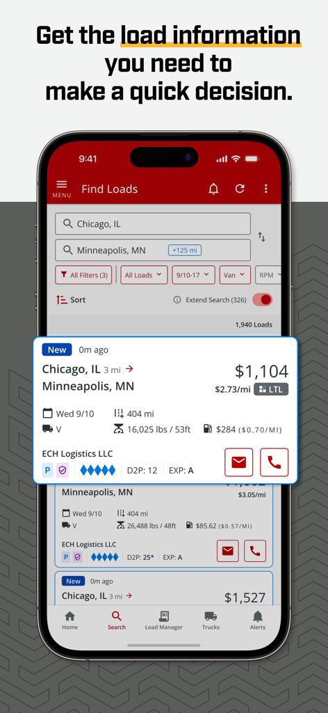 Truckstop Go - Truckstop Go app interface showing available freight loads with pricing and route details