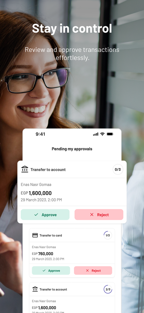 BM Online Business - Interface of the BM Online Business app showing pending corporate transaction approvals with approve and reject options.