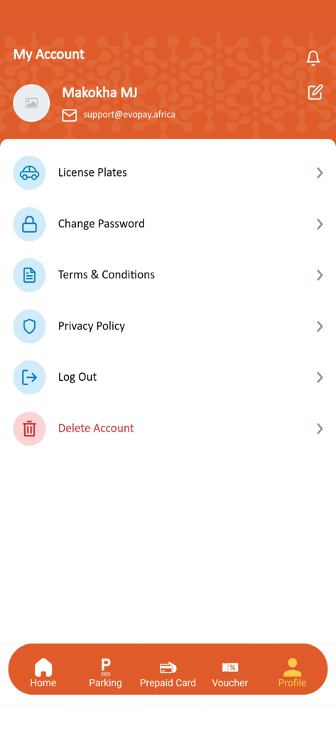 Evopay Africa - Evopay Africaモバイルアプリのユーザープロファイルとアカウント設定ページ
