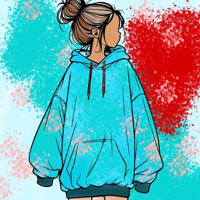 realistic girl with a oversized sweatshirt on and a bun