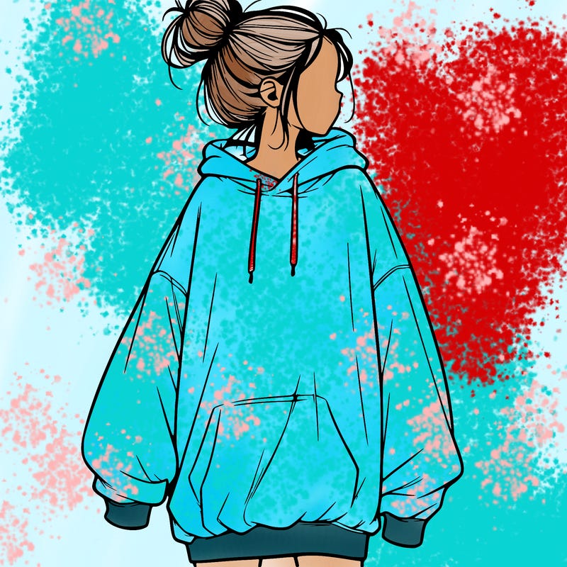 realistic girl with a oversized sweatshirt on and a bun