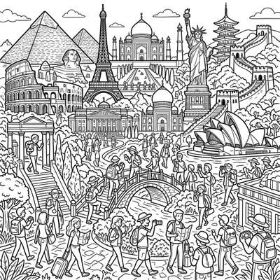 Explore a vibrant scene brimming with famous world landmarks and bustling crowds of tourists. This intricate full-scene coloring page invites you on a global adventure from the comfort of your home.