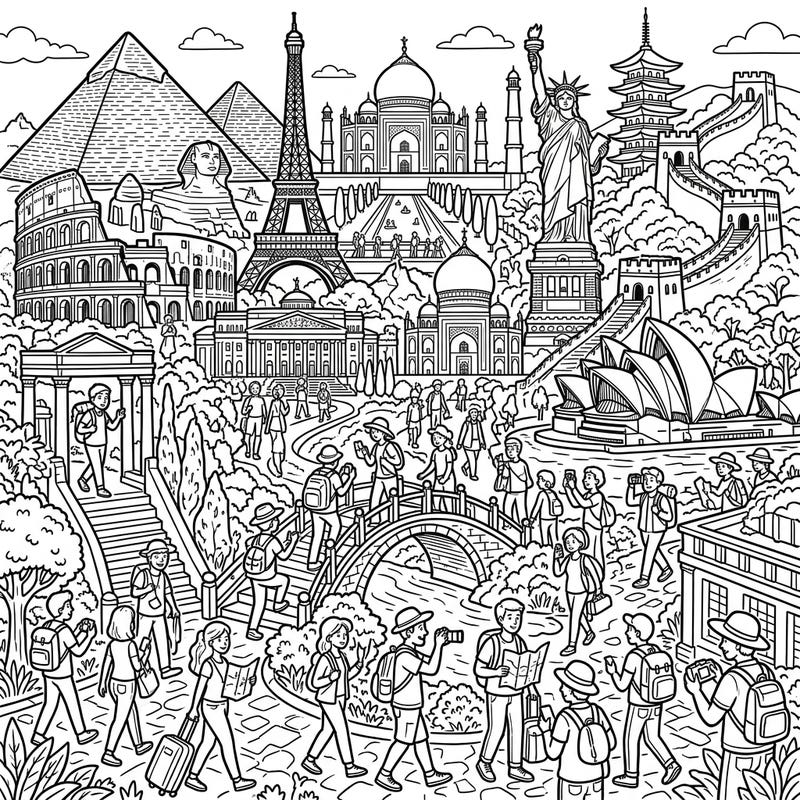 Explore a vibrant scene brimming with famous world landmarks and bustling crowds of tourists. This intricate full-scene coloring page invites you on a global adventure from the comfort of your home.