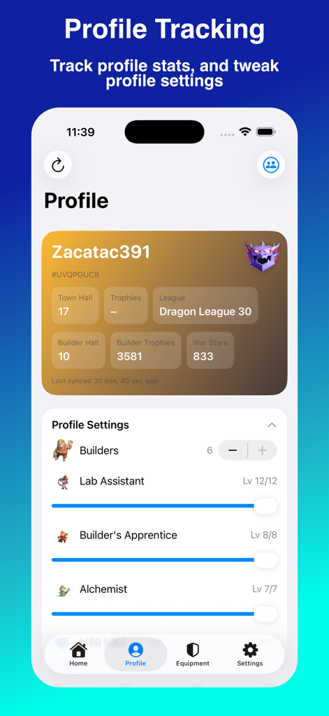 Clashboard - Capture d'écran de l'écran de suivi de profil de l'application Clashboard montrant les statistiques du joueur et les paramètres pour Clash of Clans