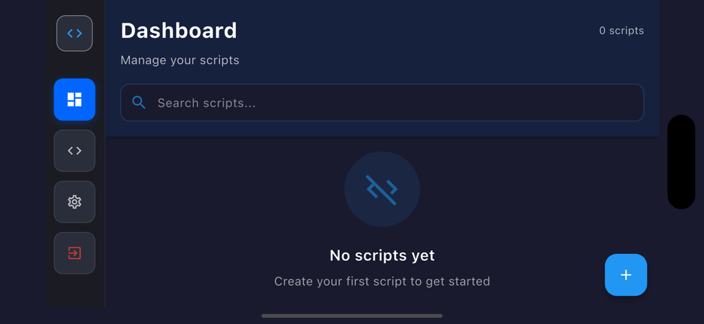 Delta Executor mobile app dashboard with a dark interface showing no scripts yet and a search bar