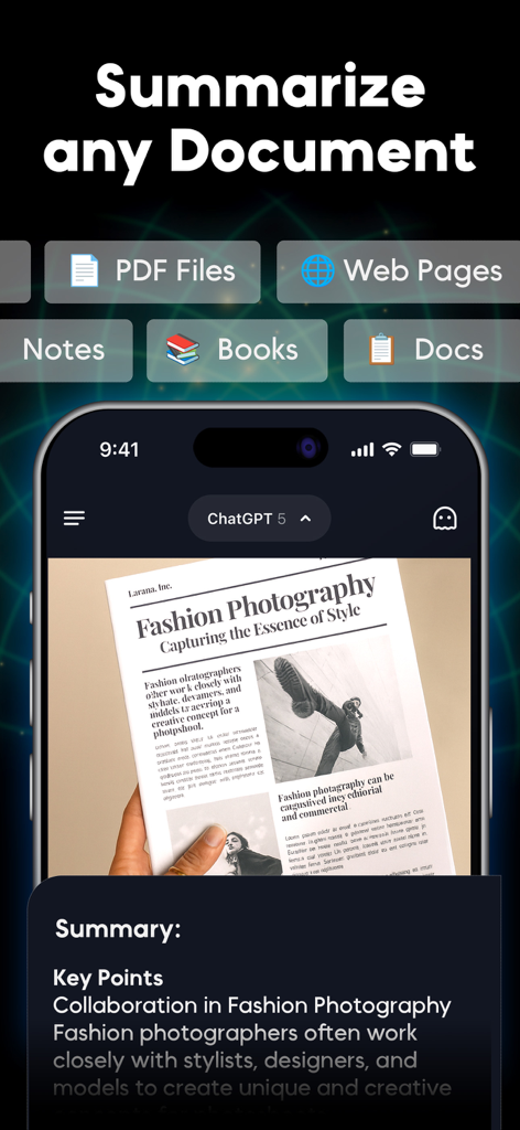 Interface of ChatPrime AI app summarizing a fashion photography document into key points