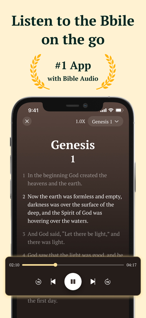Path: Heaven bible Chat, Study - Interface of the Path Heaven app showing an audio Bible player for Genesis chapter one.