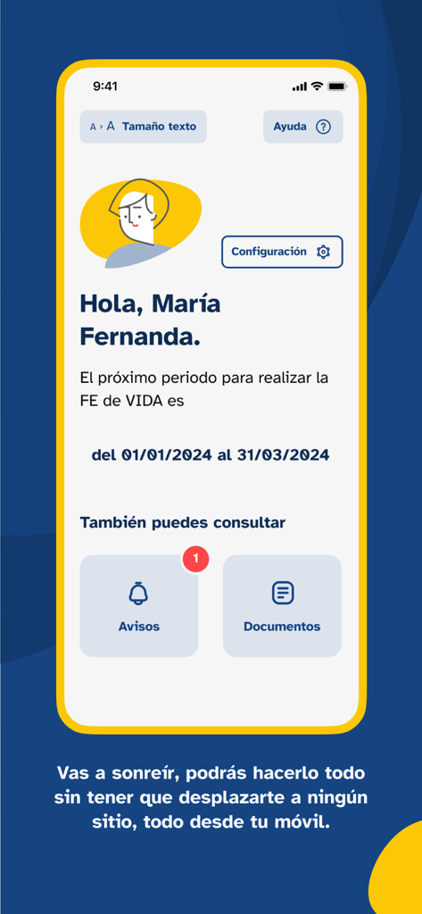 Home screen of the VIVESS app showing a personalized greeting and the dates for the next proof of life period