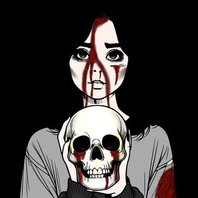 realistic girl holding a skull