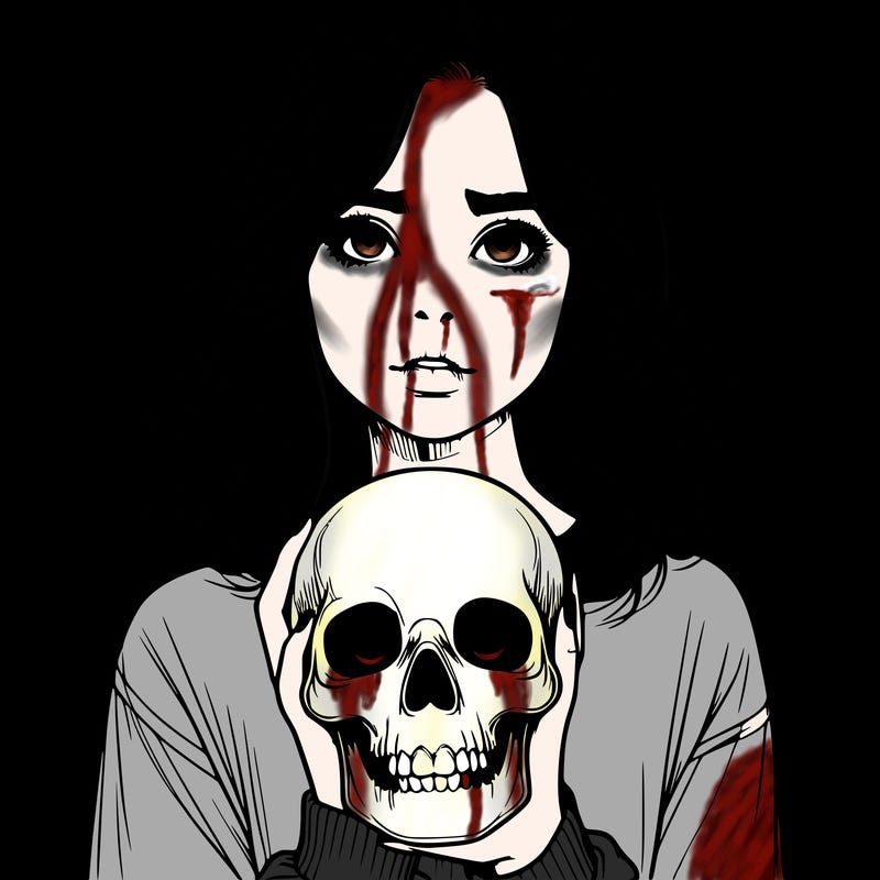 realistic girl holding a skull