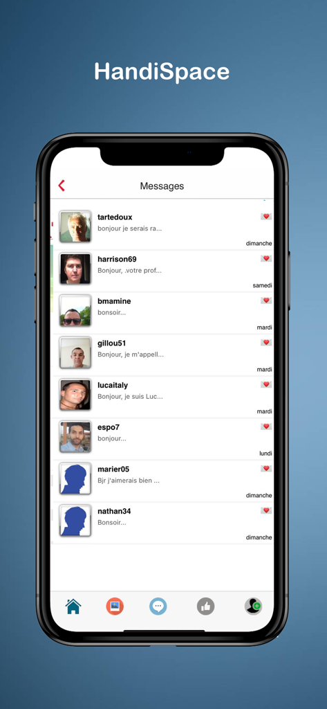 HandiSpace - Dating & Chat - HandiSpace Dating-App-Bildschirm, der eine Liste von Chat-Nachrichten mit Profilbildern und Konversationsvorschauen anzeigt.