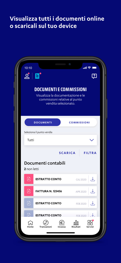 Interfaccia dell'app Nexi Business che mostra un elenco di documenti contabili e fatture disponibili per il download