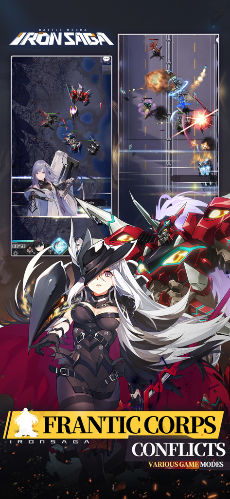 Iron Saga – Epic Robot Battler - Anime pilot and red mecha robot with gameplay screenshots showing battle scenes in Iron Saga
