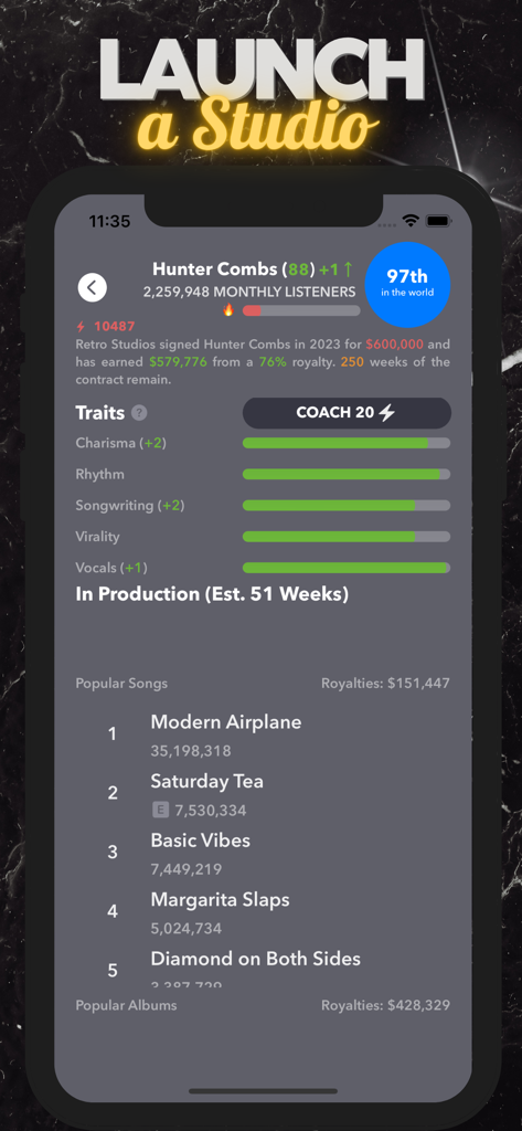 Tela de jogabilidade do Music Star Life Simulator mostrando estatísticas do artista, ouvintes mensais e royalties de músicas