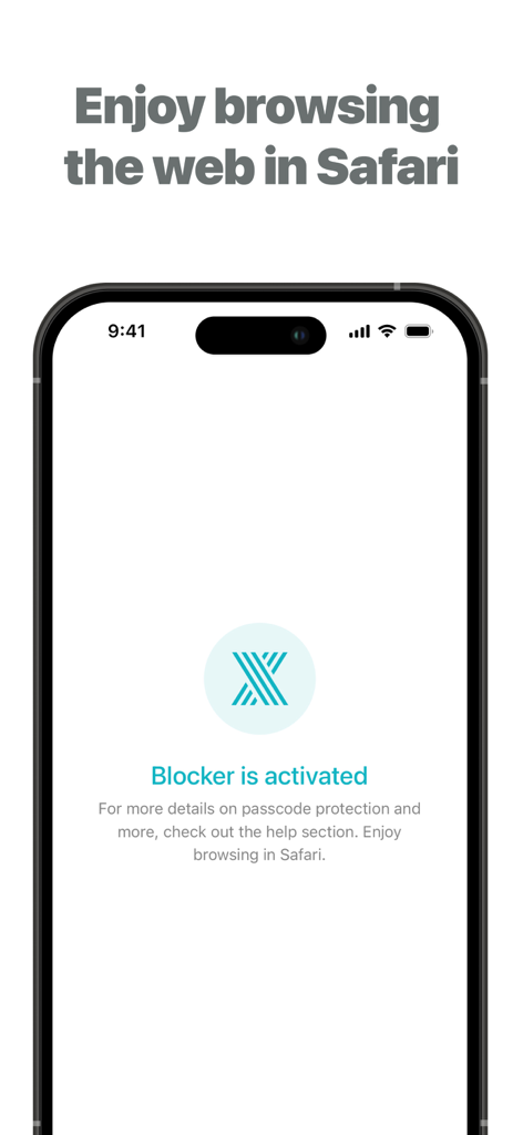 xBlock Porn Blocker - Schermata dell'app xBlock che mostra un messaggio indicante che il blocco dei contenuti è attivato per una navigazione sicura su Safari