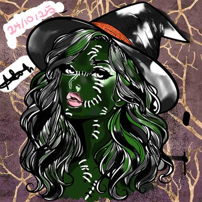 realistic witch girl with wavy hair and lips