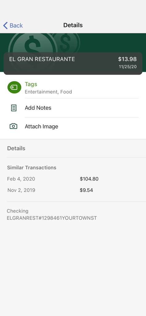 Guaranty Bank & Trust - Transaction details screen in the Guaranty Bank and Trust app showing expense categorization
