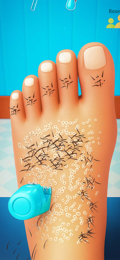 Glow & Guru Satisfying ASMR - Close up of a virtual foot being shaved with a blue electric razor in a satisfying ASMR mobile game