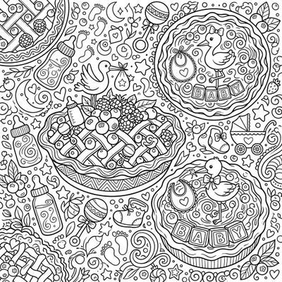 Welcome a new bundle of joy with this charming coloring page, combining luscious berry pies with sweet baby shower elements. This intricate design offers hours of creative relaxation for a special occasion.