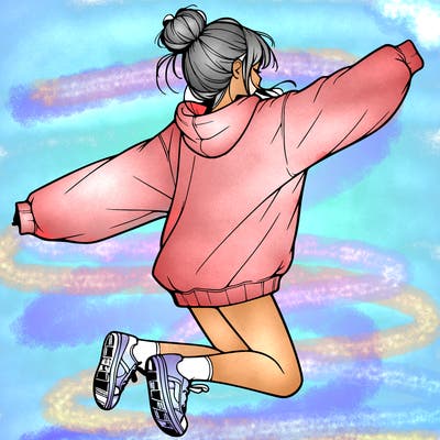 realistic girl jumping with a bun and oversized sweatshirt