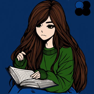 realistic girl with long hair wearing a baggie sweater reading a book
