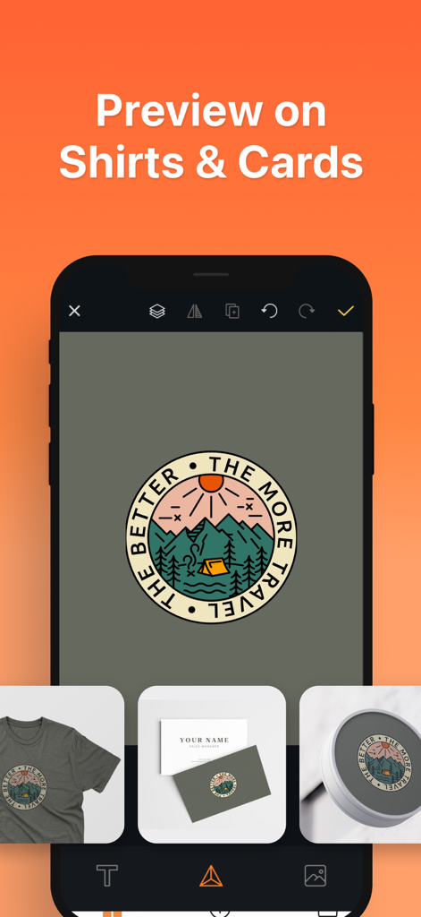 Logo Maker AI Creator — Conic - Interface of the Logo Maker Conic app showing a travel logo design previewed on a t-shirt and business cards.