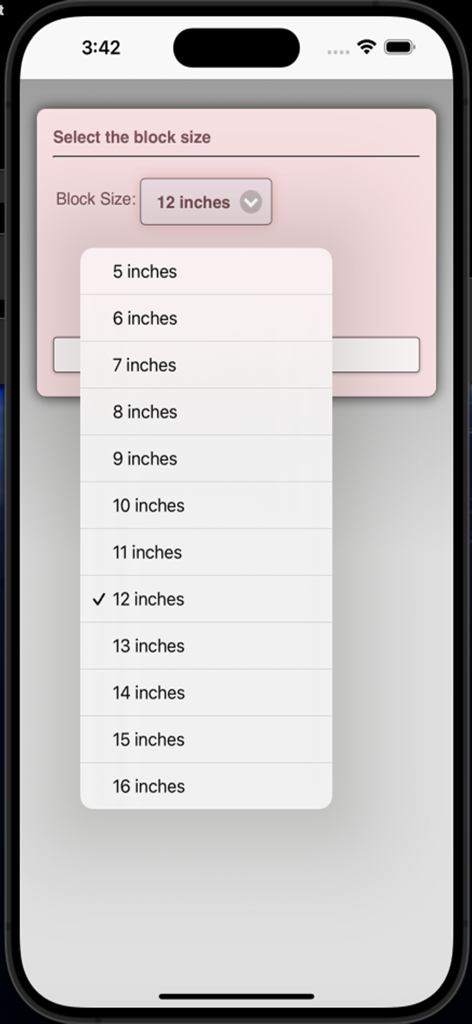 Quilt Pattern Creator - A dropdown menu in the Quilt Pattern Creator app showing options to select block sizes from 5 to 16 inches.