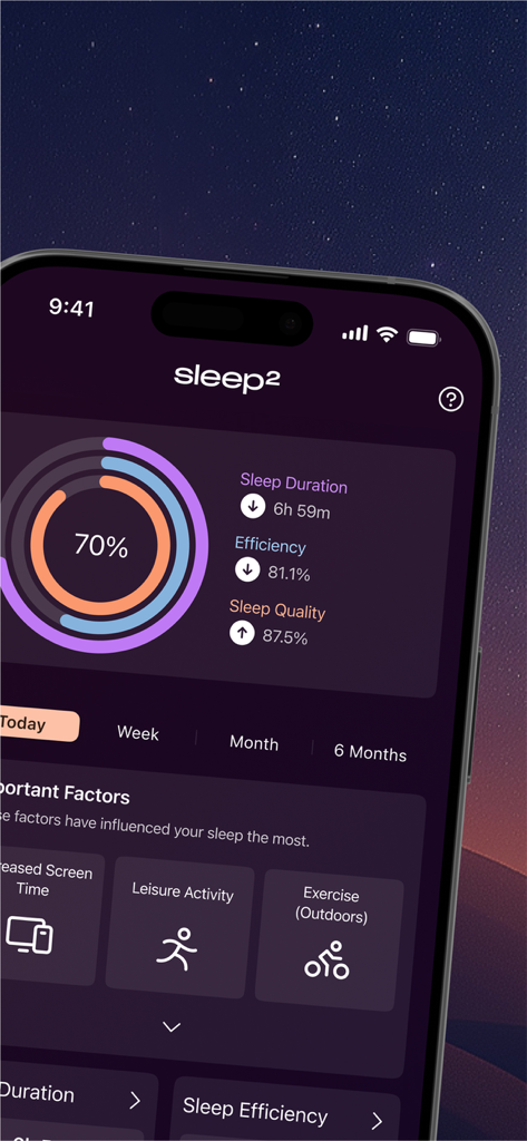 Mobile app interface showing sleep analysis metrics including duration efficiency and quality with influencing lifestyle factors