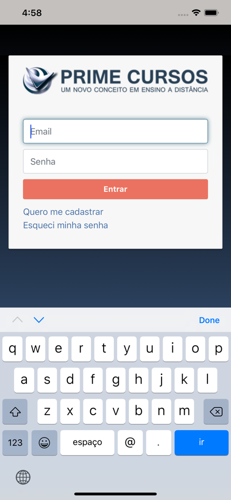 Tela de login do aplicativo de educação Prime Cursos com campos de entrada de e-mail e senha