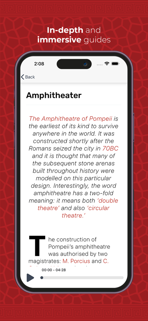 Captura de pantalla de la aplicación Discover Pompeii que muestra una audioguía detallada con información histórica para el antiguo anfiteatro