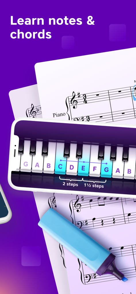 Piano Academy by Yokee Music - Smartphone displaying Piano Academy app interface for learning piano notes and chords on a virtual keyboard with sheet music in the background