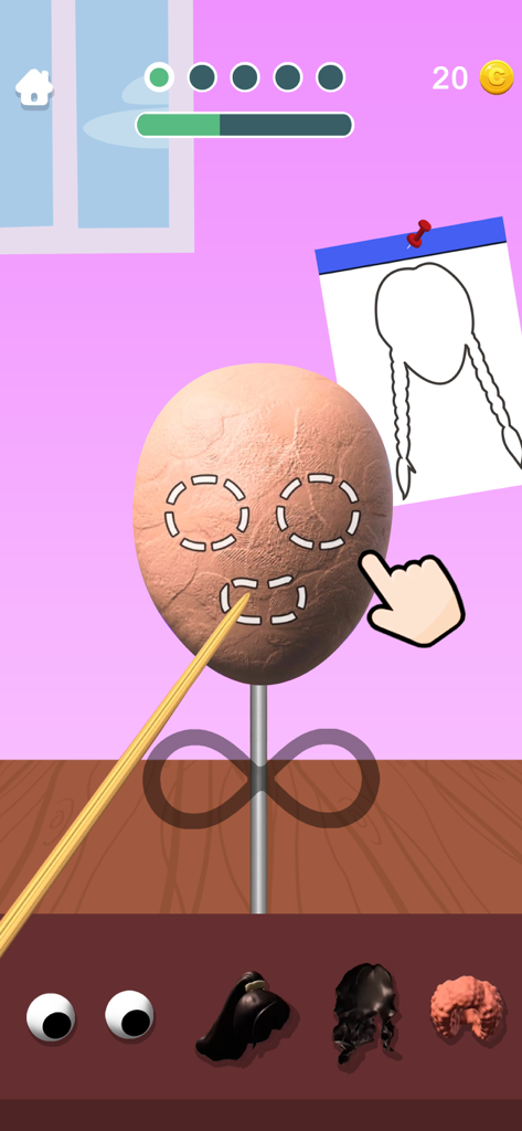 A player sculpting a clay head in the Sculpt People game using a wooden tool based on a reference sketch.