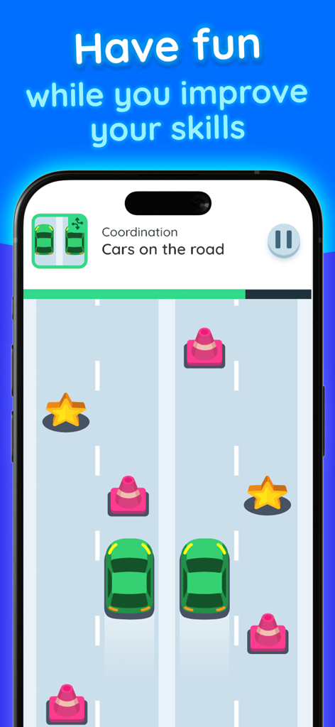 Focus - Brain Training Games - Screenshot of a coordination game in the Focus app featuring cars dodging obstacles on a road to improve mental skills.