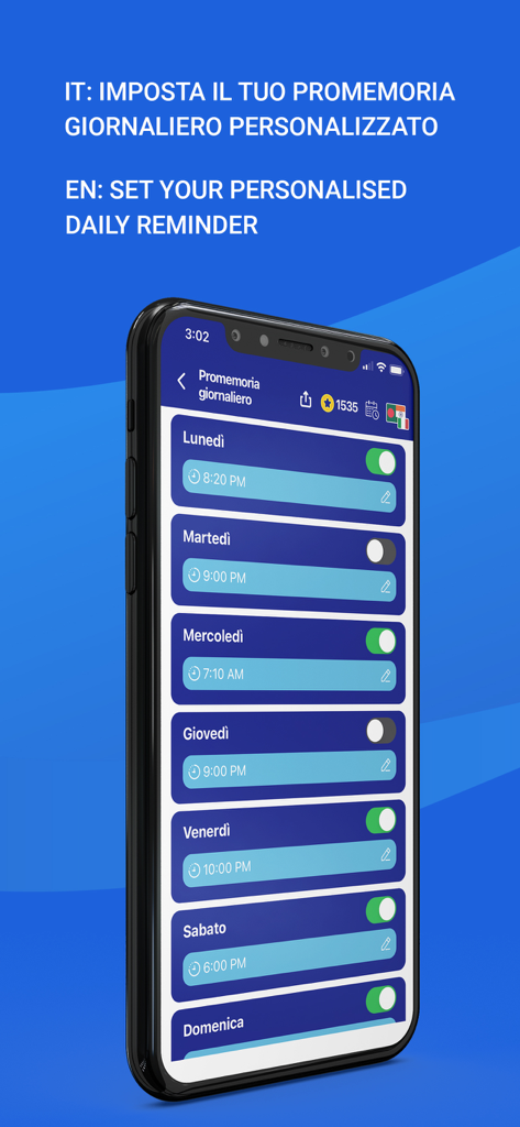 Quiz Patente Tradotto 2026 - Interfaz para configurar recordatorios de estudio diarios personalizados para el examen del carnet de conducir italiano