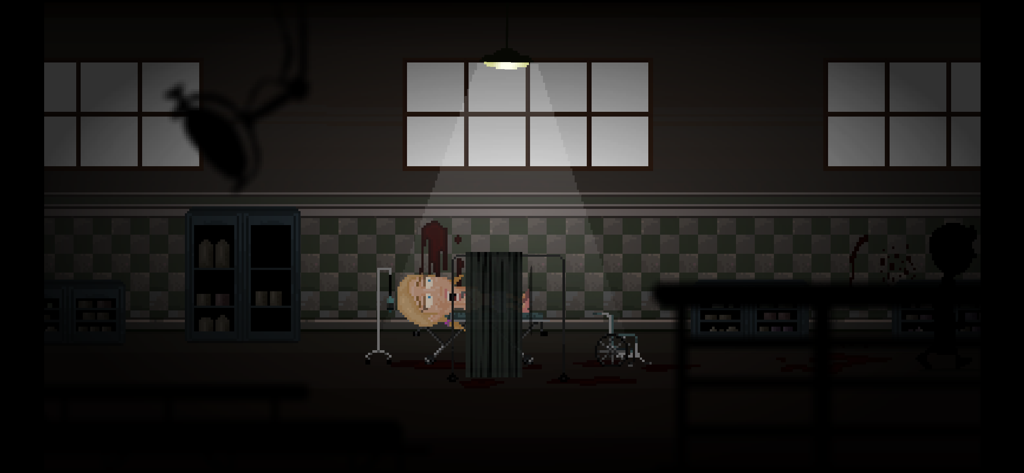 Moth Lake - Uma cena escura em pixel art de Moth Lake mostrando um personagem em uma mesa médica em uma sala perturbadora