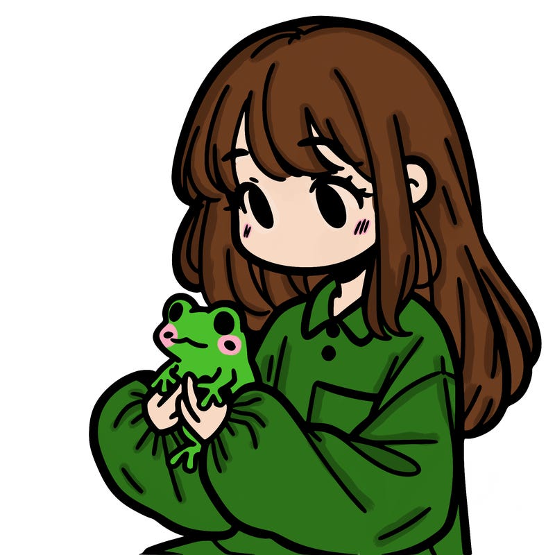 girl with long hair and a oversized shirt. and she is holding a frog