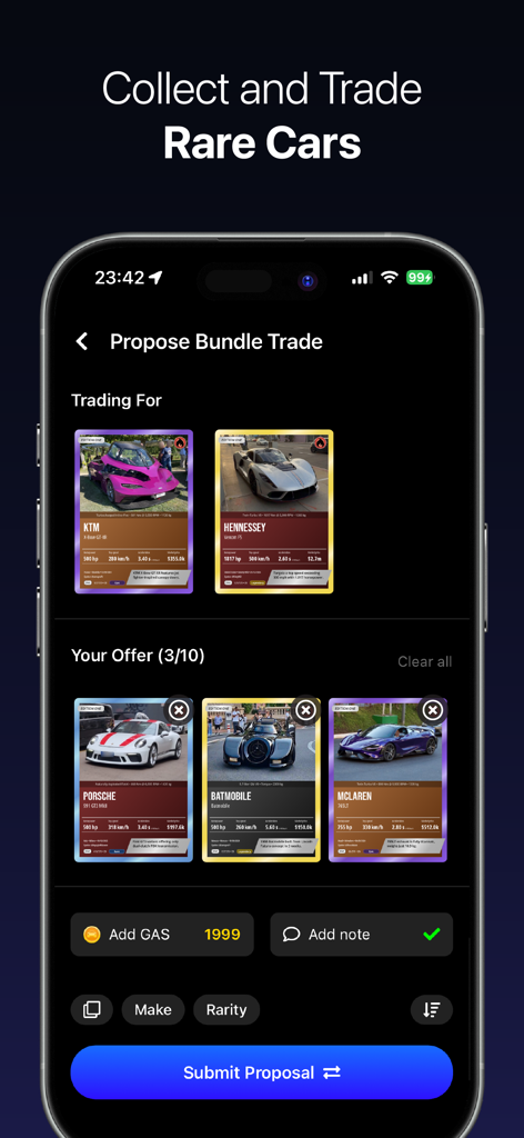 AutoRadar: Carspotting Map - A screenshot of the AutoRadar app showing a bundle trade proposal for rare supercar cards