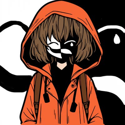 little anime girl in a raincoat her hair is covering her eyes she has a lighter