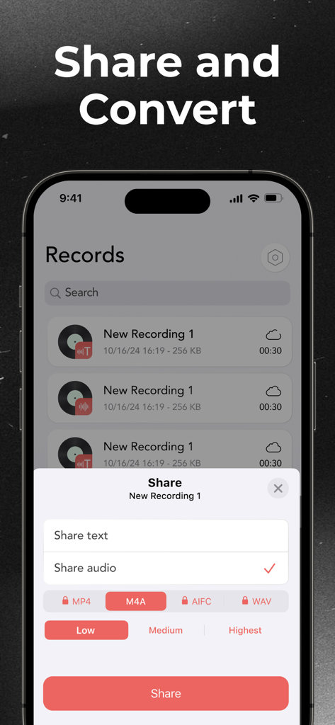 Interface of the Voice Recorder app showing options to share and convert audio memos into formats like MP4 M4A AIFC and WAV