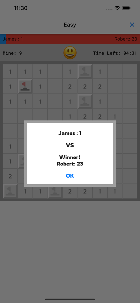 Minesweeper (With Multiplayer) - Uno screenshot dell'app Prato Fiorito che mostra una finestra pop-up del risultato di una partita multiplayer con un vincitore dichiarato.