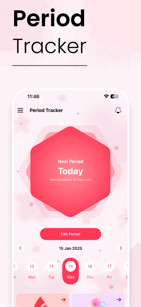 Home screen of the My Period and Ovulation Calendar app showing a countdown to the next period and a cycle calendar