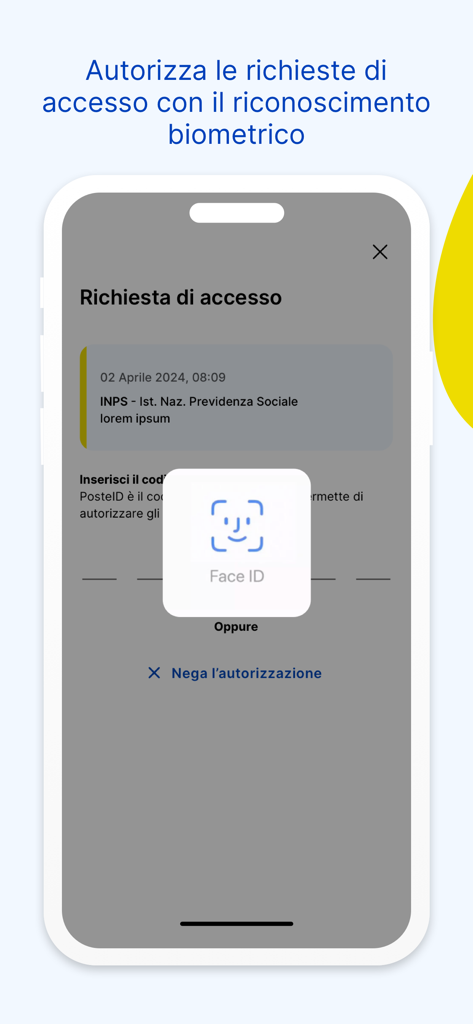 PosteID app interface displaying a Face ID biometric prompt to authorize a secure login request for Italian government services