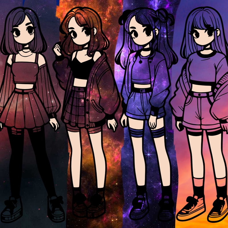 one girl with crop-top shirt and a jacket with a skirt, long socks and another girl with a shirt and pants with a jacket