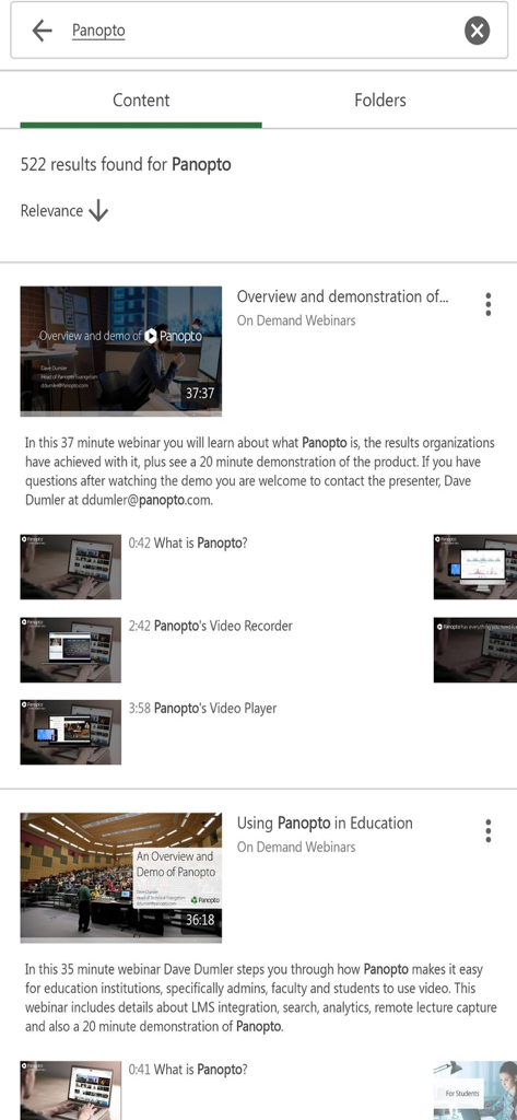 Suchergebnisse in der Panopto-App, die Bildungs-Webinare und Video-Demonstrationen anzeigen.