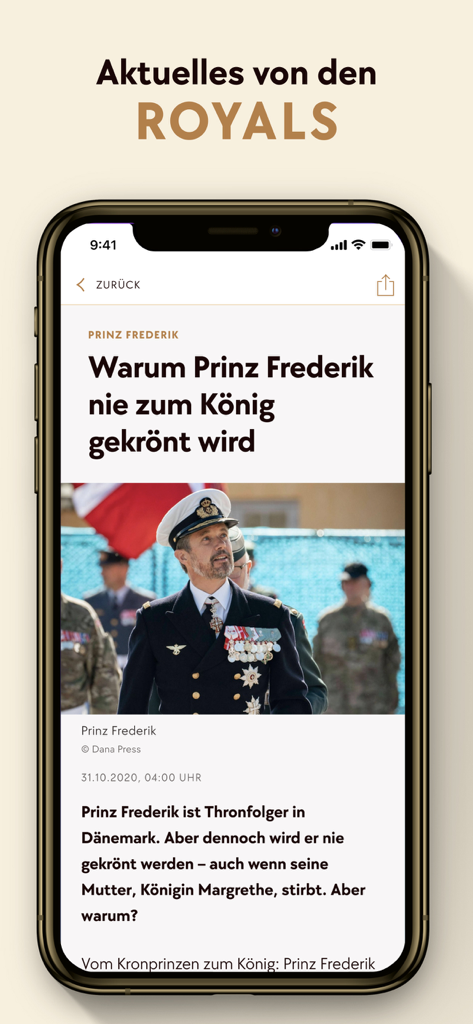 Gala Star News: Promis, Royals - Smartphone-Bildschirm, der einen Artikel über königliche Nachrichten über Prinz Frederik von Dänemark in der Gala Star News App anzeigt