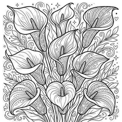 Dive into the serene beauty of nature with this intricate Calla Lilies coloring page. Its elegant floral patterns and swirling botanical details promise a captivating and relaxing artistic journey.