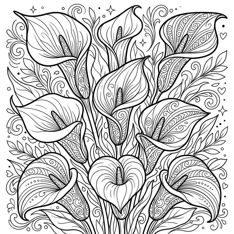 Dive into the serene beauty of nature with this intricate Calla Lilies coloring page. Its elegant floral patterns and swirling botanical details promise a captivating and relaxing artistic journey.